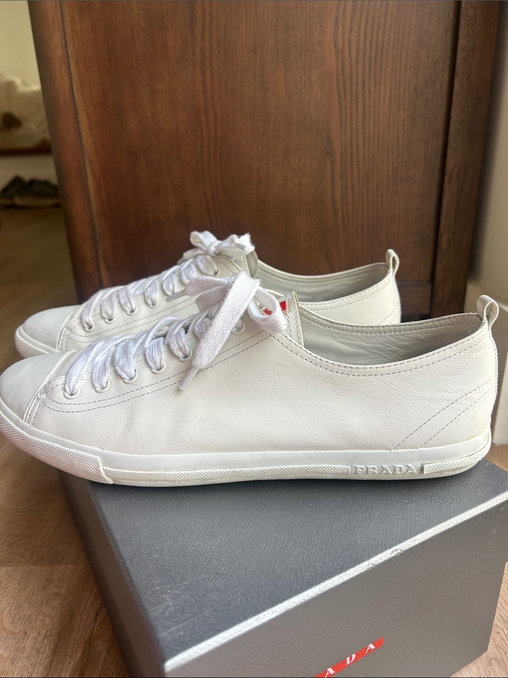 Prada White Leather Sneakers with Red Logo Detail - Picture 5 of 13